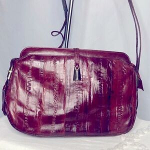 Burgundy genuine Eel skin vintage handbag. Made in Korea.